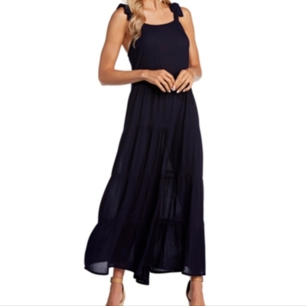 Mudpie Women's Navy Boho Tiered Shoulder Ties Midi Dress S